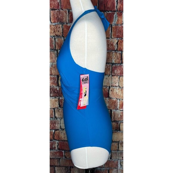 NWT Spanx Bayside Blue Halter One Piece Shaping Slimming Belted Beauty Swimsuit - Picture 5 of 7